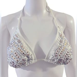 Exhilaration Bikini Top- padded-metallic gold and silver design accents-white